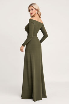 Olive Sheath Long Sleeves Bridesmaid Dress with Slit
