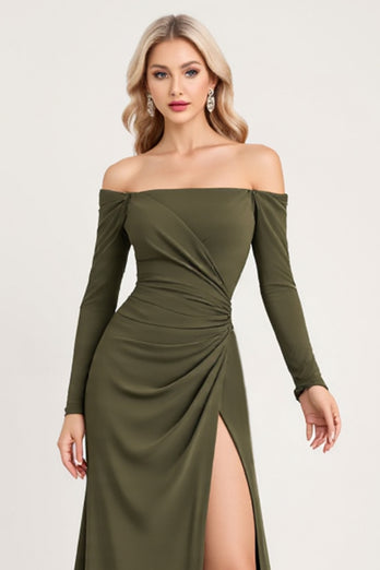 Olive Sheath Long Sleeves Bridesmaid Dress with Slit