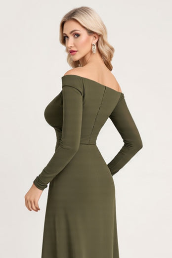 Olive Sheath Long Sleeves Bridesmaid Dress with Slit