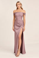 Load image into Gallery viewer, Vintage Mauve Off the Shoulder Bridesmaid Dress with Slit