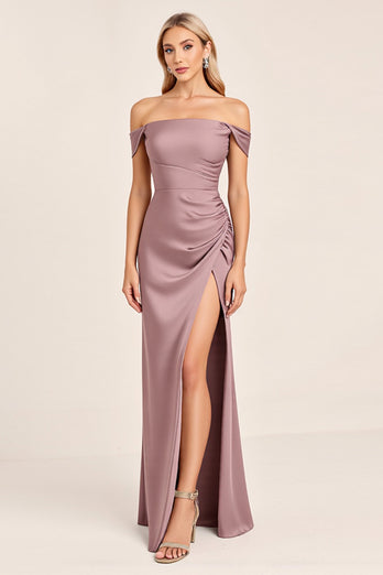 Vintage Mauve Off the Shoulder Bridesmaid Dress with Slit