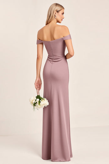 Vintage Mauve Off the Shoulder Bridesmaid Dress with Slit