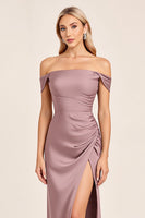 Load image into Gallery viewer, Vintage Mauve Off the Shoulder Bridesmaid Dress with Slit