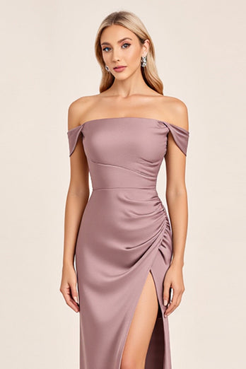 Vintage Mauve Off the Shoulder Bridesmaid Dress with Slit