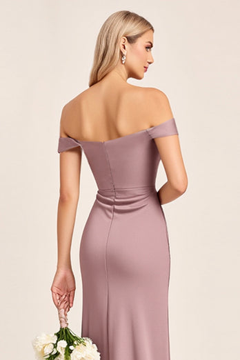 Vintage Mauve Off the Shoulder Bridesmaid Dress with Slit