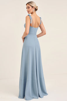 Sky Blue Sheath Backless Long Bridesmaid Dress