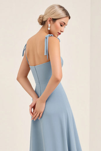 Sky Blue Sheath Backless Long Bridesmaid Dress