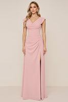 Load image into Gallery viewer, Candy Pink Sheath V-Neck Long Bridesmaid Dress with Slit