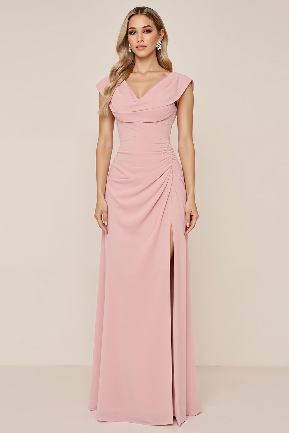 Candy Pink Sheath V-Neck Long Bridesmaid Dress with Slit