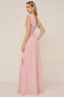 Load image into Gallery viewer, Candy Pink Sheath V-Neck Long Bridesmaid Dress with Slit