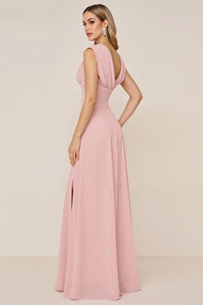 Candy Pink Sheath V-Neck Long Bridesmaid Dress with Slit