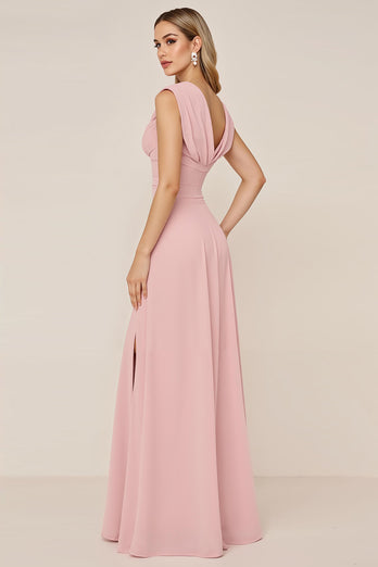 Candy Pink Sheath V-Neck Long Bridesmaid Dress with Slit