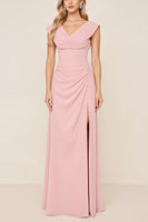 Load image into Gallery viewer, Candy Pink Sheath V-Neck Long Bridesmaid Dress with Slit