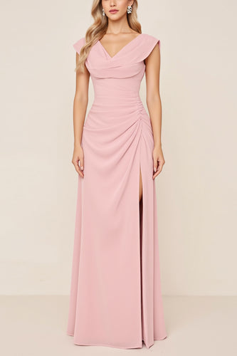 Candy Pink Sheath V-Neck Long Bridesmaid Dress with Slit
