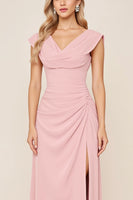 Load image into Gallery viewer, Candy Pink Sheath V-Neck Long Bridesmaid Dress with Slit