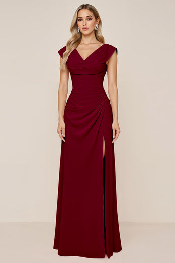Candy Pink Sheath V-Neck Long Bridesmaid Dress with Slit