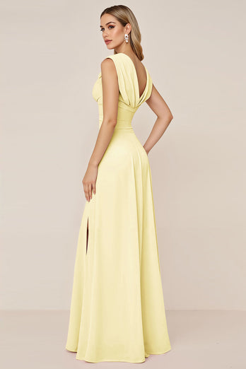 Candy Pink Sheath V-Neck Long Bridesmaid Dress with Slit