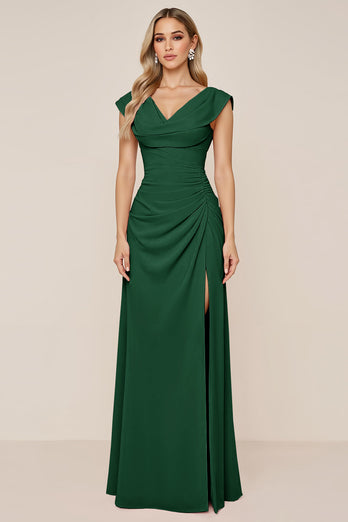 Candy Pink Sheath V-Neck Long Bridesmaid Dress with Slit