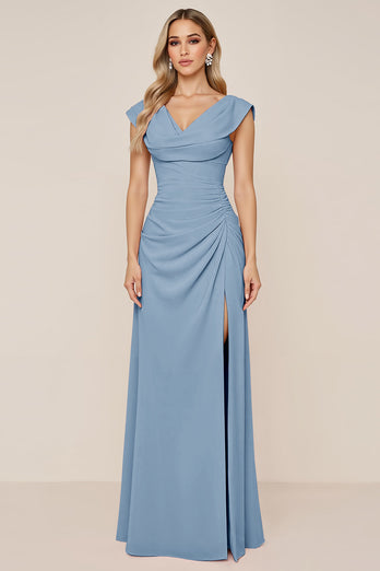 Candy Pink Sheath V-Neck Long Bridesmaid Dress with Slit