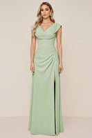 Load image into Gallery viewer, Dusty Sage V-Neck Sheath Long Bridesmaid Dress with Slit