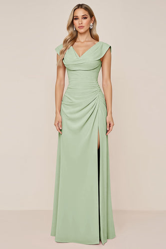 Dusty Sage V-Neck Sheath Long Bridesmaid Dress with Slit