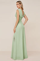 Load image into Gallery viewer, Dusty Sage V-Neck Sheath Long Bridesmaid Dress with Slit