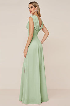 Dusty Sage V-Neck Sheath Long Bridesmaid Dress with Slit