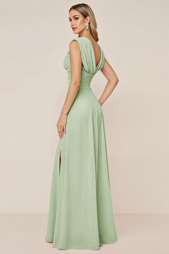 Dusty Sage V-Neck Sheath Long Bridesmaid Dress with Slit