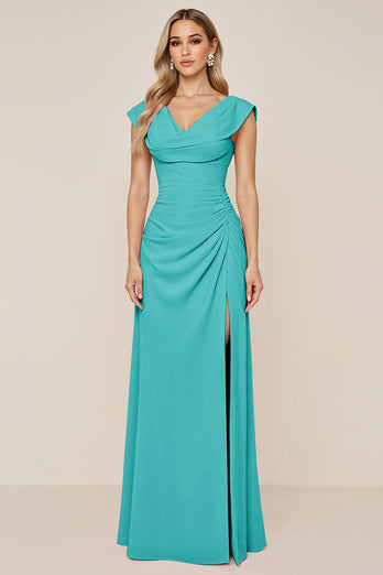 Dusty Sage V-Neck Sheath Long Bridesmaid Dress with Slit