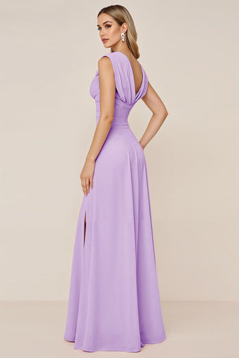 Dusty Sage V-Neck Sheath Long Bridesmaid Dress with Slit