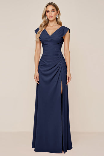Dusty Sage V-Neck Sheath Long Bridesmaid Dress with Slit