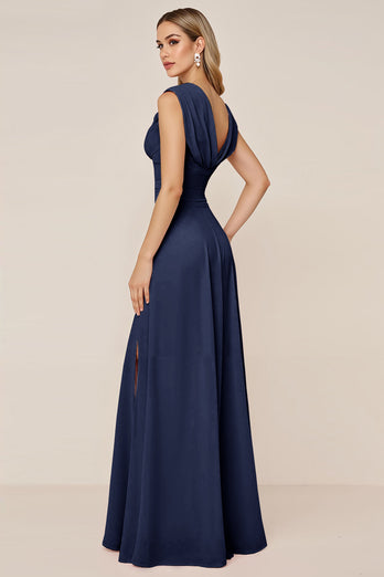 Dusty Sage V-Neck Sheath Long Bridesmaid Dress with Slit