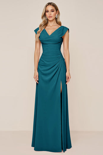 Dusty Sage V-Neck Sheath Long Bridesmaid Dress with Slit