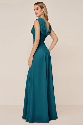 Dusty Sage V-Neck Sheath Long Bridesmaid Dress with Slit