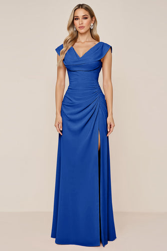 Royal Blue V-Neck Sheath Ruched Long Bridesmaid Dress with Slit