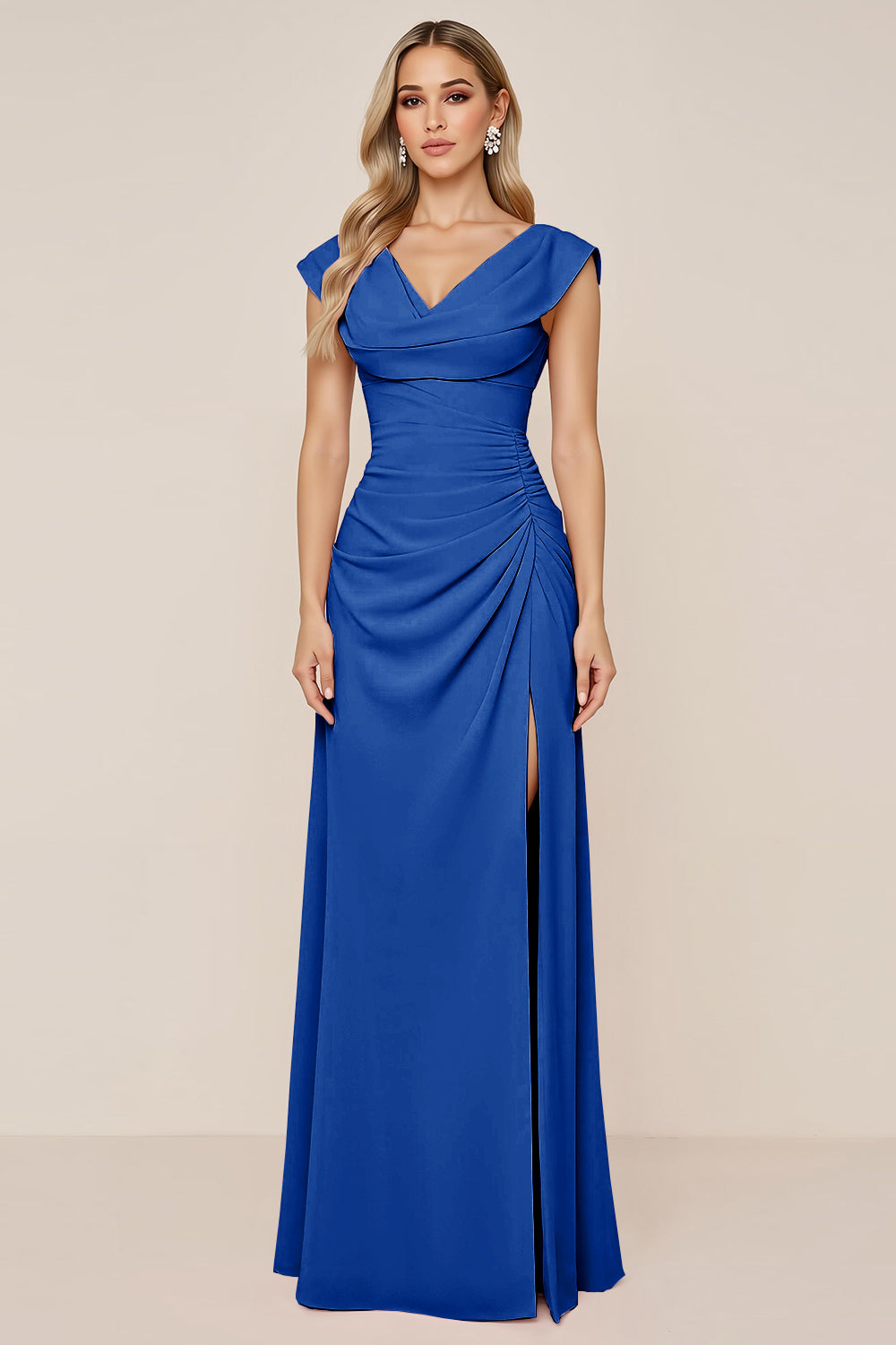 Royal Blue V-Neck Sheath Ruched Long Bridesmaid Dress with Slit