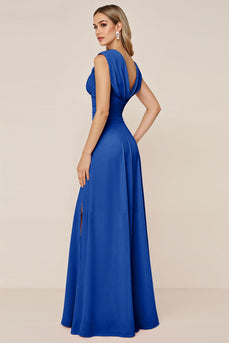 Royal Blue V-Neck Sheath Ruched Long Bridesmaid Dress with Slit