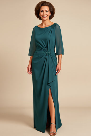 Peacock Boat Neck Sheath Chiffon Long Mother of the Bride Dress