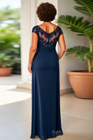 Load image into Gallery viewer, Navy Sheath Ruched Long Mother of the Bride Dress with Lace