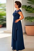 Load image into Gallery viewer, Navy Sheath Ruched Long Mother of the Bride Dress with Lace
