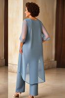 Load image into Gallery viewer, Dusty Blue Chiffon 3/4 Sleeves Jumpsuit Mother of the Bride Dress