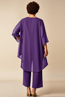 Plum Asymmetrical Jumpsuit Chiffon Mother of the Bride Dress