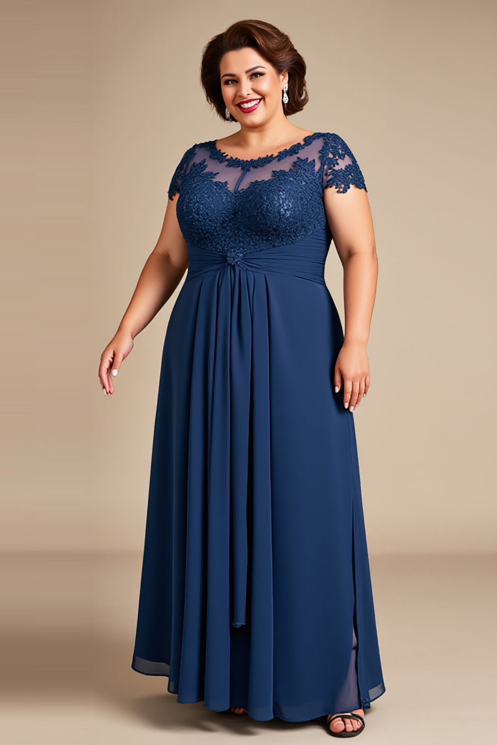 Plus Size Navy Chiffon A Line Mother of the Bride Dress with Lace