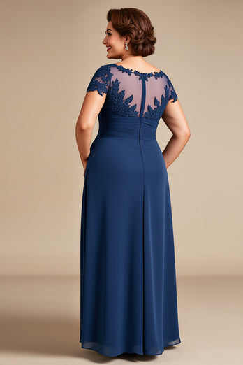 Plus Size Navy Chiffon A Line Mother of the Bride Dress with Lace