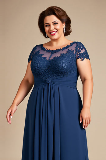 Plus Size Navy Chiffon A Line Mother of the Bride Dress with Lace