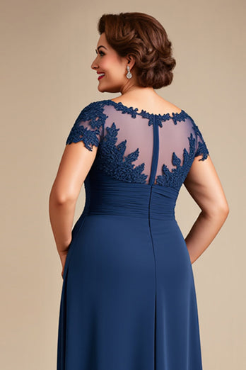Plus Size Navy Chiffon A Line Mother of the Bride Dress with Lace