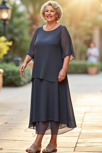 Steel Grey Chiffon A Line Long Mother of the Bride Dress