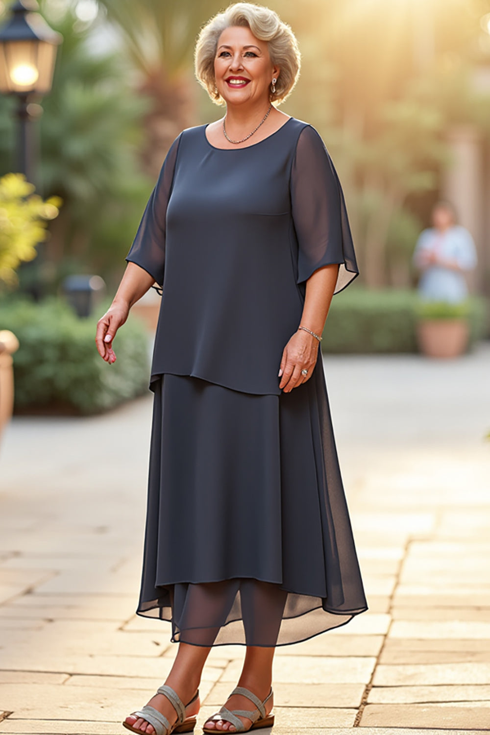 Steel Grey Chiffon A Line Long Mother of the Bride Dress