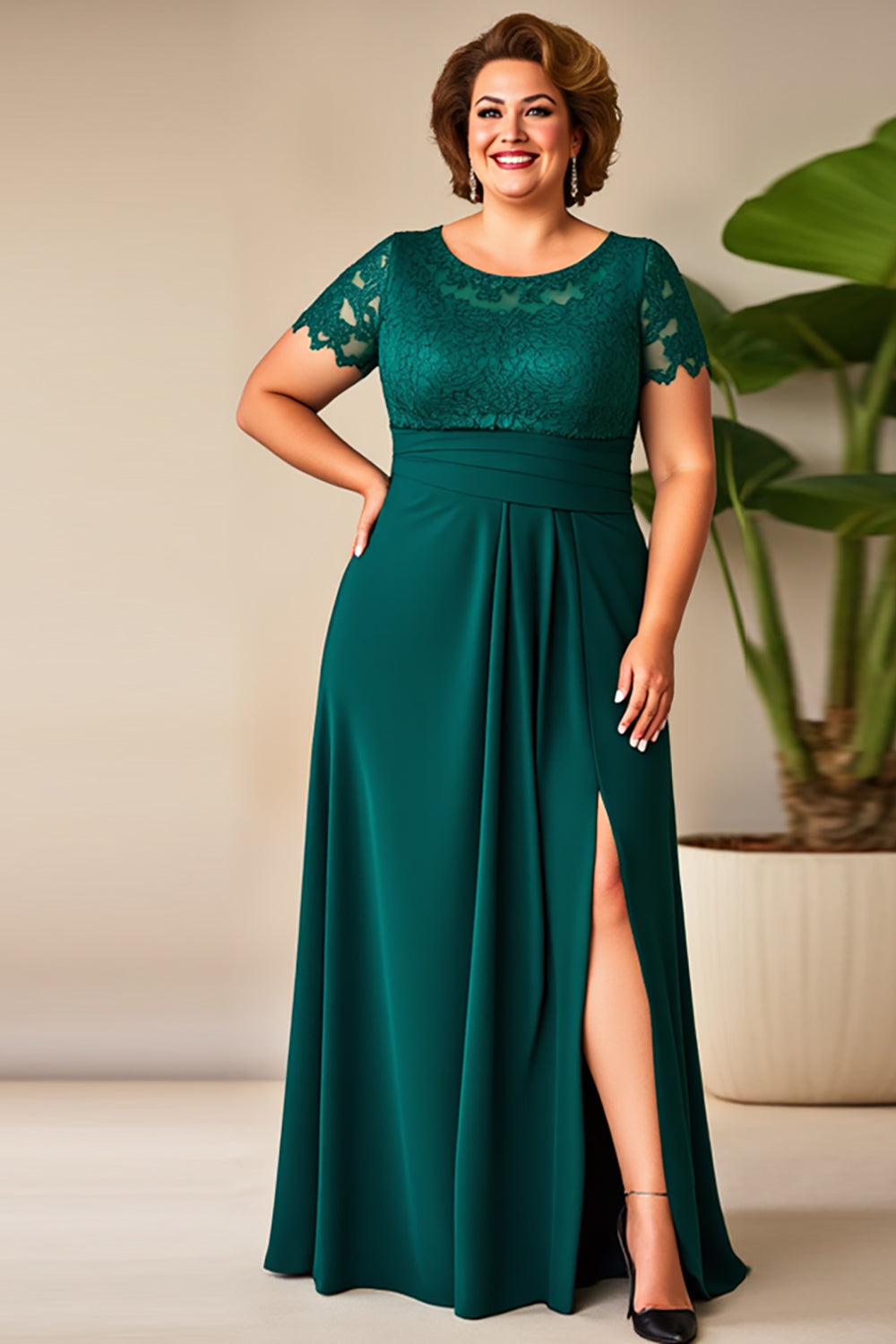 Plus Size Pine  Column Appliques Mother of the Bride Dress with Slit