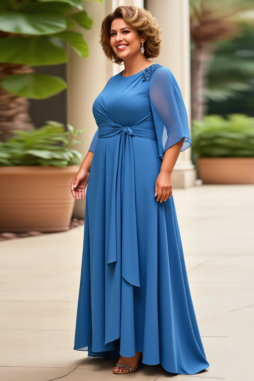 Royal Blue Chiffon Plus Size Mother of the Bride Dress with Sleeves